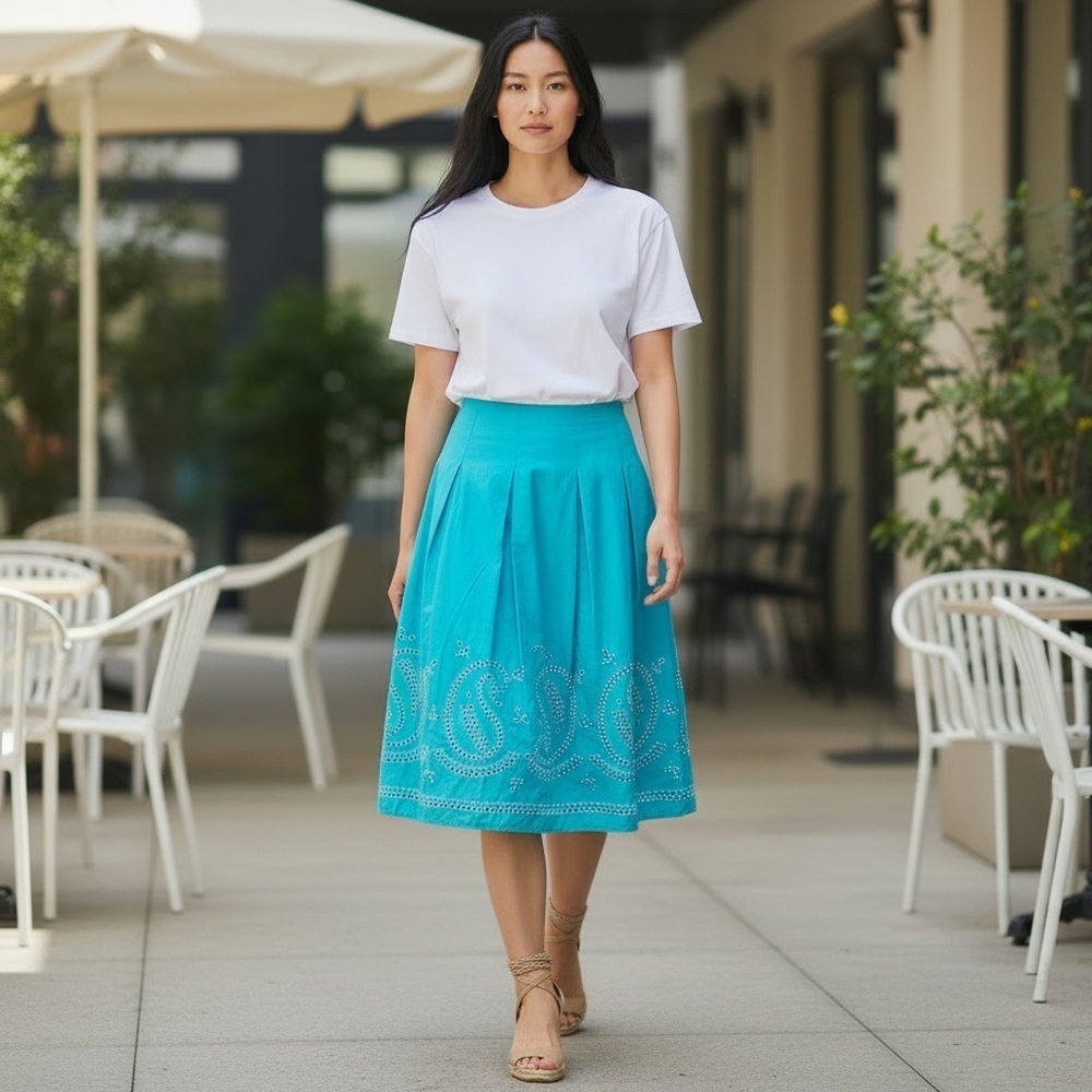 Talbots Cotton Embroidered Teal A-Line Flare Skirt Size 8 Lined Feminine Spring